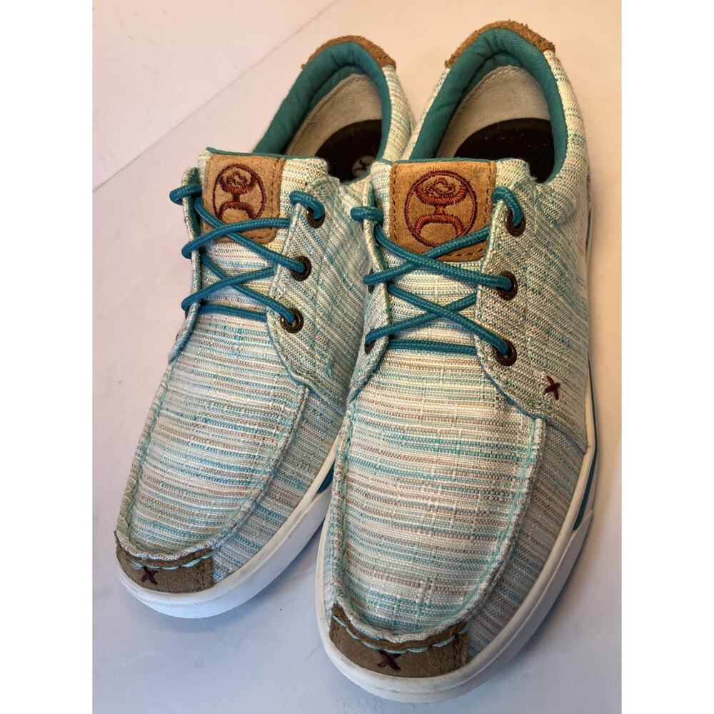 Twisted X BLENDS Women's Boat Shoes Teal Striped Comfort Lace-Up Fabric 8.5M